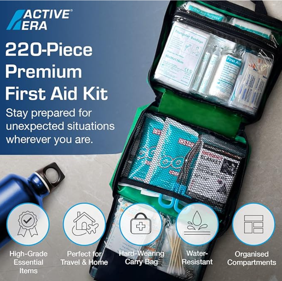 220 Piece Premium First Aid Kit Bag - Includes Eyewash, 2 x Cold (Ice) Packs and Emergency Blanket for Home, Office, Car, Caravan, Workplace, Travel and Sports